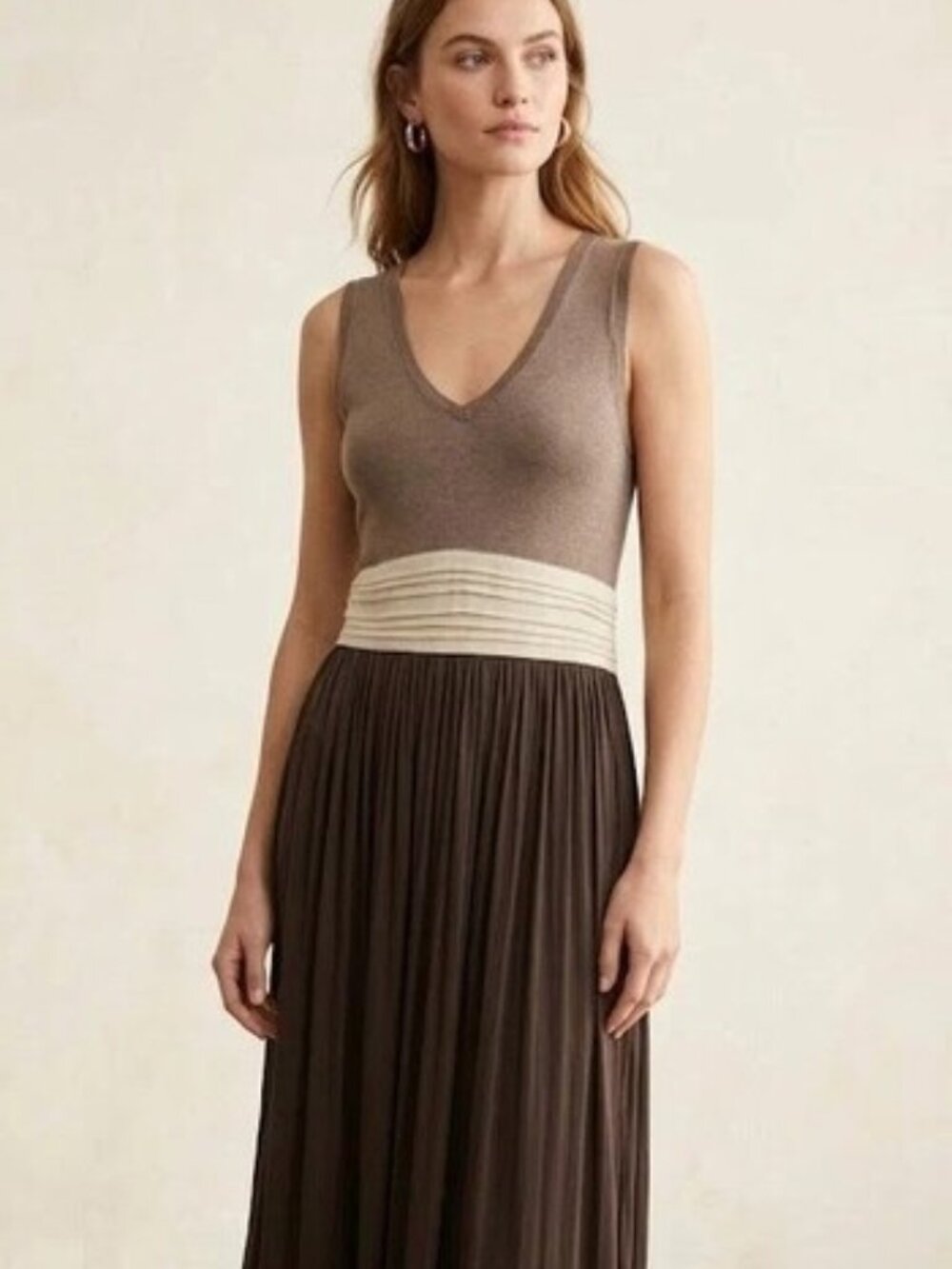 LEFT OF CENTER Anthropologie Brown Tuxedo Pleat Maxi Dress S - L RUNS Very SMALL